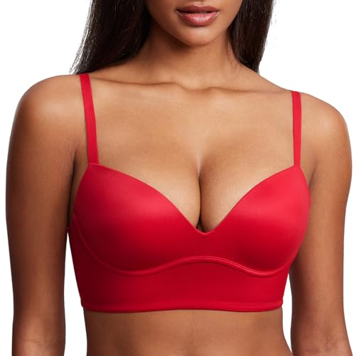 DOBREVA BH Damen ohne Bügel Push Up T Shirt BHS Gepolstert Bustier Soft Nahtloser Lippenstift Rot 90D