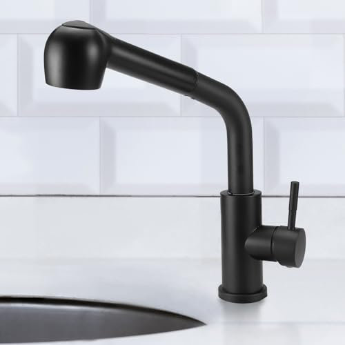 QWORK® Grifo de Cocina, Grifo de Cocina con Rociador Extraíble, Grifo Monomando de Alta Presión Giratorio 360°, Grifo de Acero Inoxidable con 2 Modos de Flujo de Agua, Negro