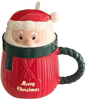 Weihnachten Tasse, Keramik-Teebecher, Niedlicher Weihnachtsbecher mit Deckel und Löffel, Rot, 400ml (Grüner)