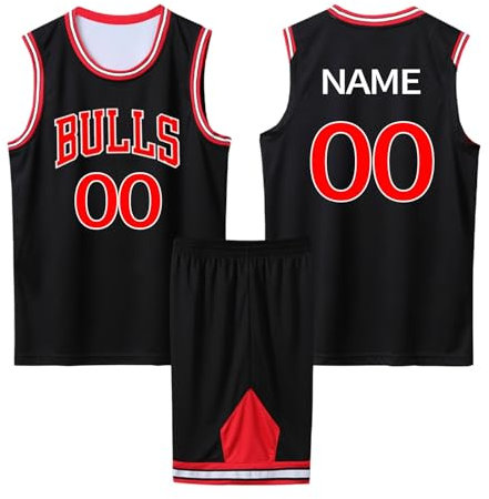 2-Teiliges Benutzerdefiniert Basketball Trikots Kinder/Erwachsener mit Namen Nummber Basketball Trikots Shirt und Shorts, Personalisierte Basketball Trikots Kinder/Erwachsener Schwarz 5XL
