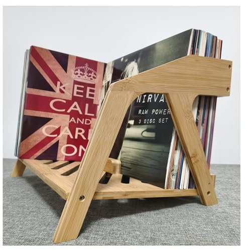 Soporte para discos de vinilo de bambú, diseño elegante de silla, capacidad para hasta 80 LP de 12 pulgadas, elegante utilizado para almacenamiento de discos de vinilo, soporte de CD, revistero,
