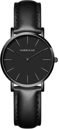 Garrulax Damen ultradünnes Gehäuse Analoge Quarzuhr Armbanduhren 36MM(Schwarz, Schwarze Oberfläche,schwarzes Leder)