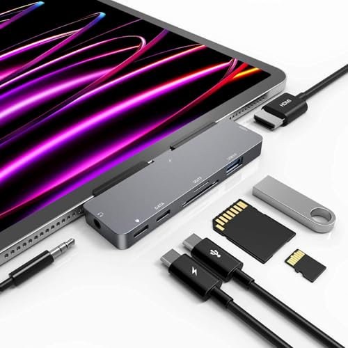 USB C Hub for iPad Pro M4 M2 M1 13 11 12.9,iPad Air, 7-in-1 USB C to 4K 60Hz HDMI Adapter, 3.5mm Headphone Jack,USB C Docking Station PD Charging,USB 3.0,SD/Micro Card Reader, iPad Mini 6 Accessories