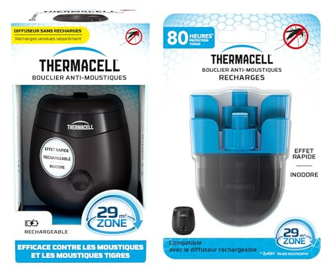 THERMACELL Bouclier Anti Moustiques et Moustiques Tigres + 2 Recharges Liquides - Extérieur, Jardin, Terrasse - Sans Fil, Rechargeable - Protection efficace 29 m²-Durée 80h-Effet Rapide-Inodore - Noir
