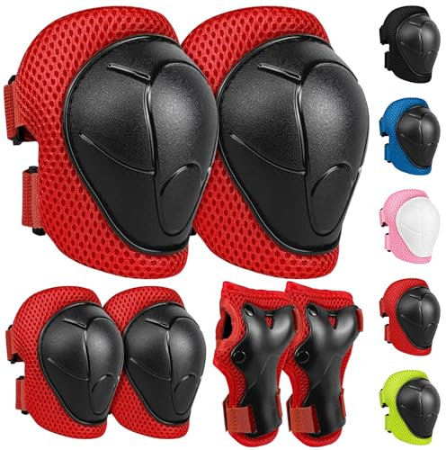 LeapBeast Knieschoner Kinder,Knieschoner,Ellbogenschützer und Handgelenkschützer,Skate Protektoren,Schonerset 6er Protektoren Schützer Set,Verstellbar für Skaten RollerSkateboard (schwarz-rot, S)