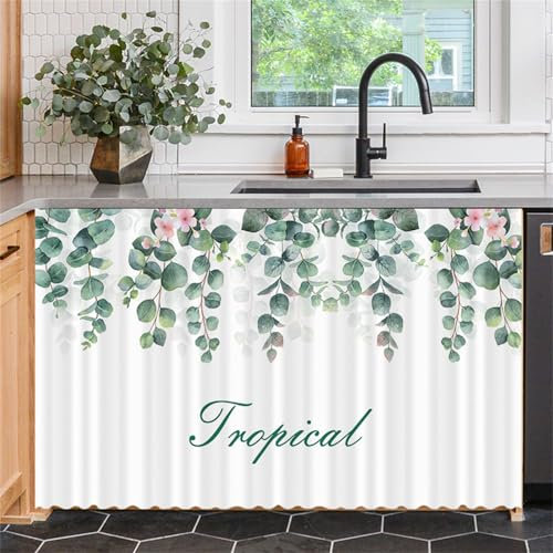Odot Schrank Vorhang mit Klettband Küche, Grün Pflanze Muster Schrankvorhänge Küche Staubdichter Schrank Vorhang Selbstklebend Privatsphäre Schrankgardine (Eukalyptusblatt,100x70cm)