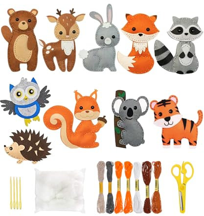 Select Zone 10 Stück Kinder Nähset Set DIY Nähen Bastelset Kiddy Wunder Nähspaß Kreativ Tiere Filzen für Kinder ab 6 Jahre (Tierkombination 2)