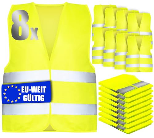YSWOVUO Gilet Jaune Adulte, 8 PCS Gilet Jaune Voiture, Gilet Fluorescent de Sécurité Haute Visibilité à 360 °, Gilet Haute Visibilité Hommes et Femmes, Gilet de Securite pour Conducteurs Travailleurs