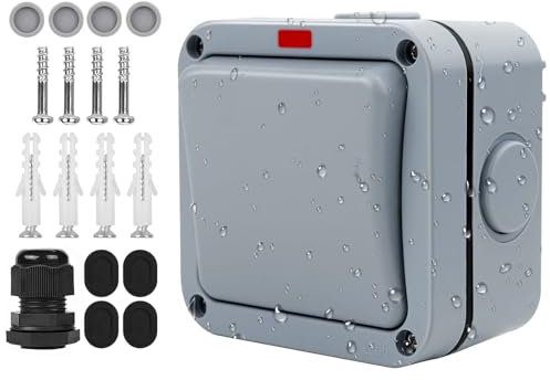 yivom Lichtschalter Außen, Schalter Wasserdicht mit Staub Unabhängigem Schalter Und, Kontrollleuchte Schalter ip66 20A Wetterfester Schalter für Outdoor, Garten, Balk, Terrasse-Grau