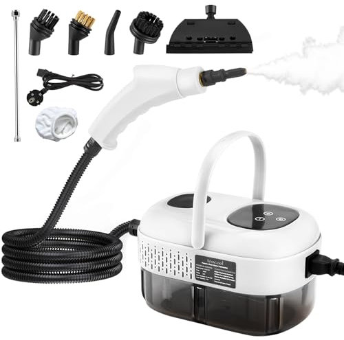 Nettoyer à Vapeur à Main 2500W, 1100ML Nettoyeur Vapeur Portable avec 9 Accessoires, 3,0 Bar Steam Cleaner, Vapeur Nettoyage avec 3 Têtes de Brosse pour les Meubles de Cuisine, Salle de Bain (Blanc)