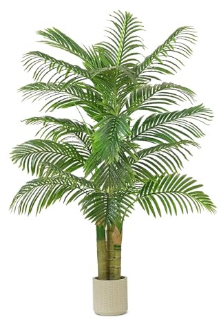 TNGGNT Artificial Golden Cane Palm Tree：5FT Fake Large Tropical Areca Palm Trees Tall Faux Silk Plant in White Pot With Realistic Triple Textured Trunks for Office Outdoor Home Decor Hotel Patio Lobby