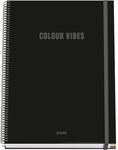 Dohe - Taccuino A4 a quadretti - 100 fogli spessore 90 g/m², dimensioni 22,8 x 30 cm, copertina rigida, chiusura anelli e gomma elastica, griglia 5 mm, materiale scolastico - COLOUR VIBES nero