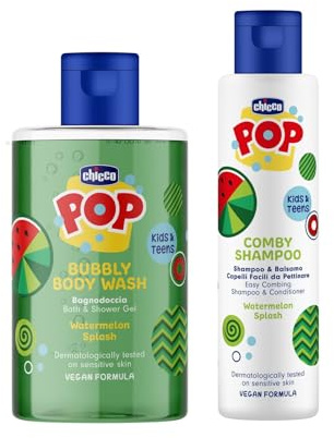 Chicco POP Set Bagnodoccia Shampoo & Balsamo Anguria, Bagnoschiuma per Bambini, Shampoo per Bambini Senza Lacrime, Profumati e Delicati, Formula Vegana, Dermatologicamente Testato, Pelli Sensibili