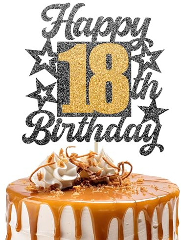 Happy 18th Birthday Cake Topper - Black and Gold Glitter Number Cake Topper - Number 18