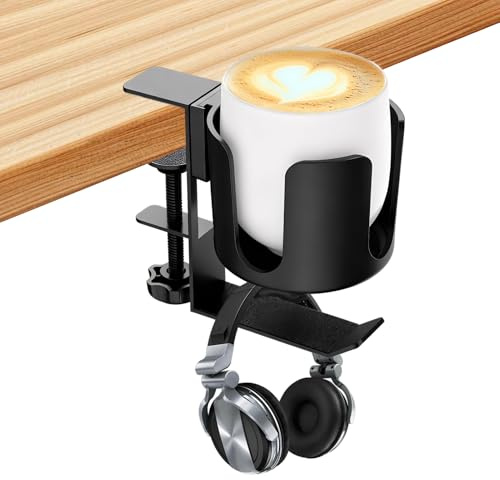 Adjustable Desktop Clamp, 2 in 1 Headphone Stand and Cup Holder, Punch Free Desk Edge Extension