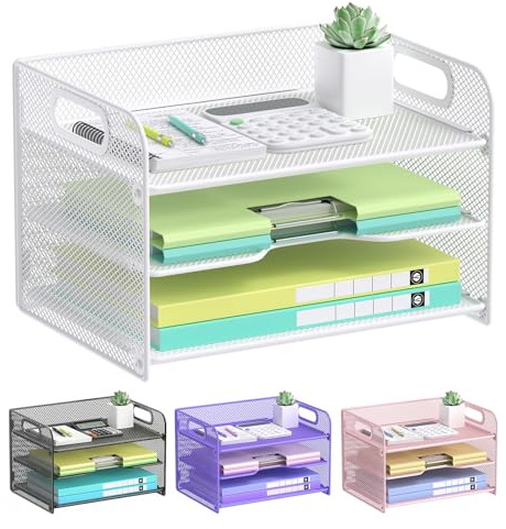 OUTWOLF 3-stufiger Schreibtisch Organizer, Netz Papier Organizer mit Griff, Papierablage Organizer, Akten-Organizer für A4-Aktenordner, Papier, Buch, Magazin, Weiß