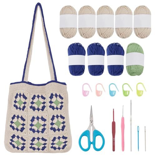 ORIGACH Häkel Tasche Set Für Anfänger, Granny Square Häkeltasche Häkelset, Häkelset für Erwachsene Mit Schritt Für Schritt Videoanleitungen, Beige