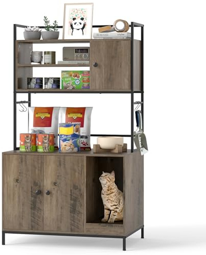 COSTWAY Katzenschrank mit Regalen, Katzenklo Schrank für Katzentoilette, Katzenhaus mit Kratzbrett, 4 Haken & Eingang, für Katzen Hunde Haustier, Metall, Katzenmöbel Indoor, 78 x 51 x 137 cm, Grau