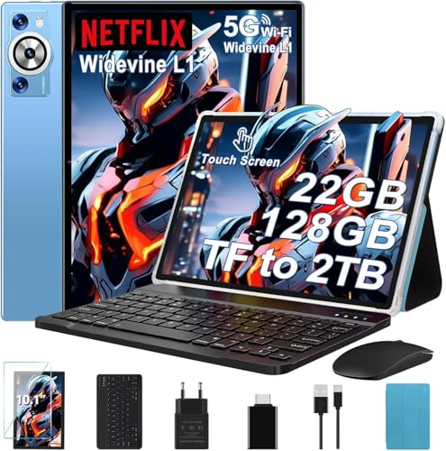 Tablet Android 14 Tablet 10 pollici, 22 GB RAM+128 GB ROM (1 TB TF), Widevine L1 | 8000 mAh | Octa-Core | 2.0 GHz | 5 GB WiFi | BT 5.0 | 5MP+8 MP | Supporta Neflix, Tablet con Tastiera e Mouse, Blu