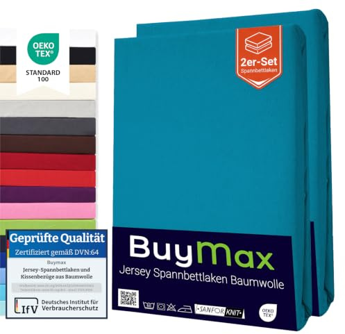 Buymax Spannbettlaken 160x200 cm Doppelpack – 2er Set aus 100% Baumwolle Jersey, 140 g/m², Rundumgummi, für Matratzen bis 25 cm, Oeko-TEX, Petrol