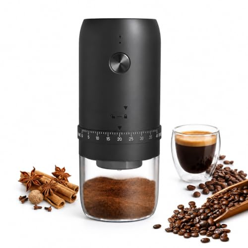 Portable Electric Coffee Grinder, USB Rechargeable, 40 Adjustable Grind Settings, One-Touch Automatic, Black