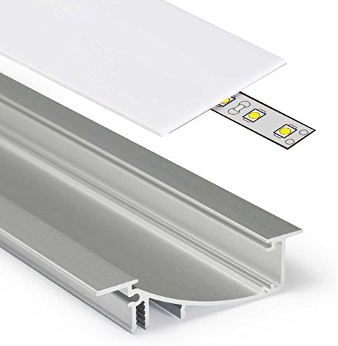 1m Aluprofil FLAT (FL) 1 Meter Aluminium Profil-Leiste eloxiert für LED Streifen - Set inkl Abdeckung-Schiene milchig-weiß opal mit Montage-Klammern und Endkappen (1 Meter milchig slide)