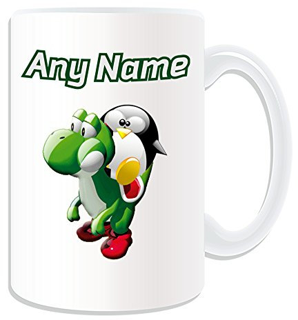 Taza grande de equitación Yoshi (personaje de pingüino, diseño de personaje de videojuego de pingüino, color blanco, mensaje único y divertido mensaje de nombre de superhéroe novedad RPG Luigi Mario