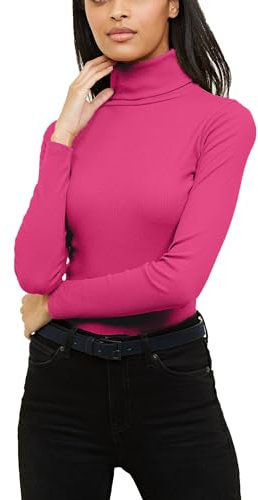 Re Tech UK Ladies Plain Ribbed Cotton Polo Turtle Roll Neck Tunic Top Jumper Full Sleeve, Hot Pink, M/L 12-14