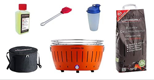 LotusGrill XL Starter Juego de 1 x lotusgrill XL Color Naranja 1 x Haya Carbón Vegetal 1 kg, 1 x Quemar 200 ml, 1 x Marini Pincel, 1 x Dressing Coctelera, 1 x Bolsa