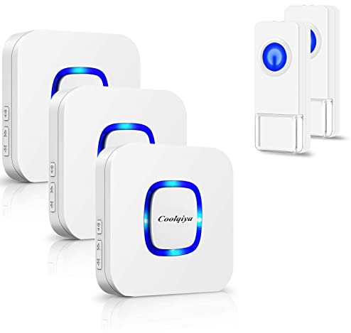 Coolqiya Sonnette de porte sans fil avec 2 boutons de télécommande et 3 récepteurs plug-in, pas besoin de piles pour récepteur de plus de 50 cloches, blanc