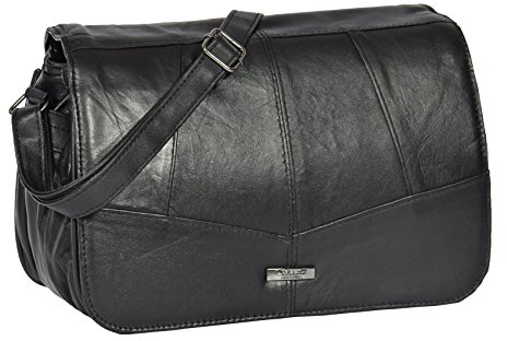 Ladies Real Leather Cross Body Organiser Satchel Messenger Shoulder Bag HOL971 Black