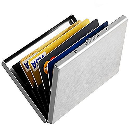 Enyoir RFID Blocage Titulaire De La Carte De Crédit Portefeuille Protecteur, Bloquer Les Voleurs d'Identité, Homme/Femme Porte-Cartes en Acier Inoxydable avec 6 Fentes en PVC (Argent)