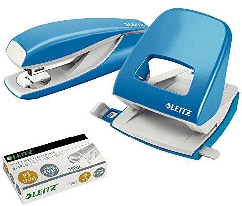 Leitz 5008 NeXXt Series Bürolocher, Metall, bis zu 30 Blatt / Kombi-Set mit Heftgerät + 1000 Klammern extra (hellblau)