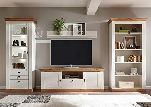 Newfurn Wohnwand Anbauwand Landhaus Wohnzimmerschrank Wohnlandschaft Mediawand Fernsehschrank II 397x204x 52 cm (BxHxT) II [Malte.six Compact] in Pinie Weiß/Wotan Eiche Wohnzimmer