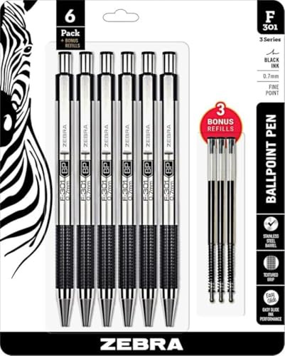 Zebra Pens Fine Point F 301, Combo Pack of 6 BLACK INK Metal Pens with 3 BLACK INK REFILLS, Ballpoint Stainless Steel Retractable 0.7mm fine point ink pens with .7 mm F-301 Pen Refill