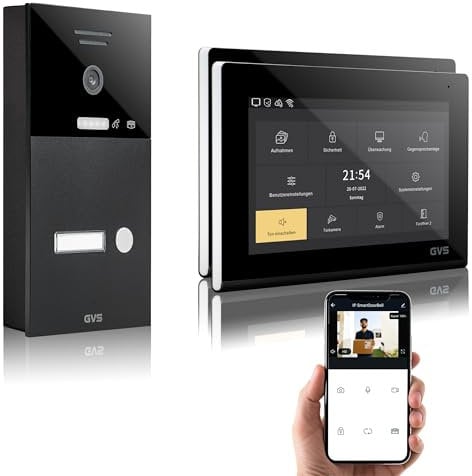 GVS - IP Video Türsprechanlage mit Türöffner, HD Kamera, 2X 7 Zoll Monitor & App - Smarte Video Türklingel mit Kamera & Gegensprechanlage für 1 Familienhaus (AVS1285A)