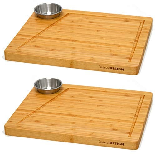 DuneDesign Lot de 2 - Planche de Service Bambou et Bol à Sauce - 30x25cm Assiette à Steak en Bois