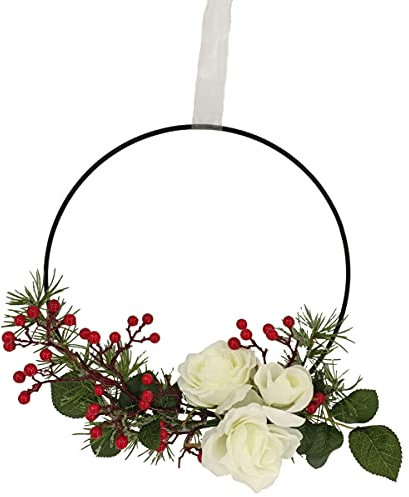 2474U Dekoring White Rose weiß-rot naturgetreue Blüten Kunstblume im Metallring ca. 33cm Ø mit Organzaband zum Aufhängen - Gesteck Rosen weiß, Beeren rot, Zeder Tanne