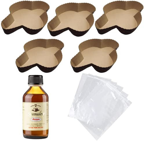 Kit Stampo per Colomba (5pz - 500gr) + Aroma per Colombe Fraccaro (1pz - 100 ml) + Sacchetto (5 pz), Stampi di Carta di Pura Cellulosa ideale per l’uso in Forno, resistente al calore 200°C