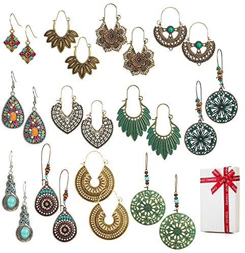 12 paar Boho Style Baumeln Ohrringe Vintage Hängend Set für Kleidung Damen Frauen Mädchen,Retro Böhmischer Orientalisch Hängeohrringe Ohrring Ohrstecker Piercing Ohr Mit Blumen Blatt Wassertropfen
