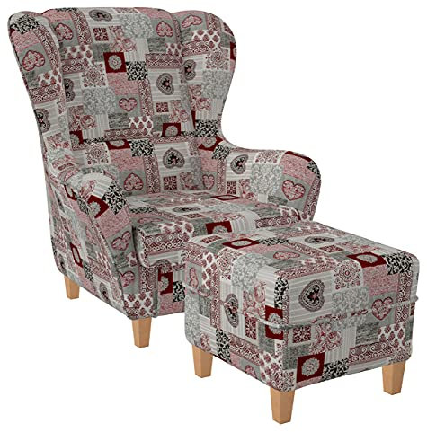 Supellex Ohrensessel »Sofia«, Design Patchwork Ornamente, Herz, rot (Design-Nr.: 5121), wahlweise mit Hocker (inkl. Hocker)