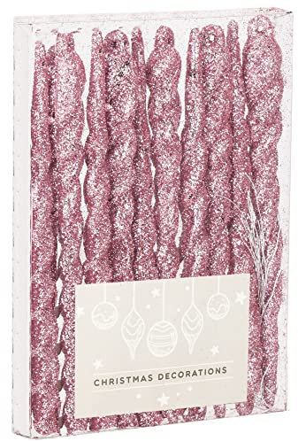 SPRINGOS Lot de 10 décorations de Noël en forme de stalactites torsadées Rose à paillettes 12 cm