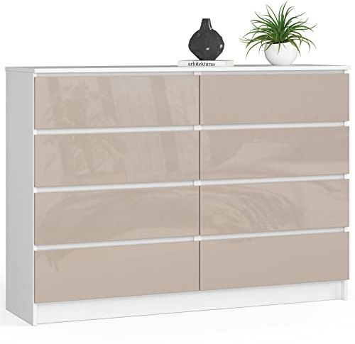 Kommode K-140 mit 8 (2 x 4) Schubladen | für das Wohnzimmer Schlafzimmer Schrank Büro Arbeitszimmer | Modernes Funktionales Design | B138 x H99 x T40 cm, Gewicht 72 kg | Weiß / Glänzender Cappuccino