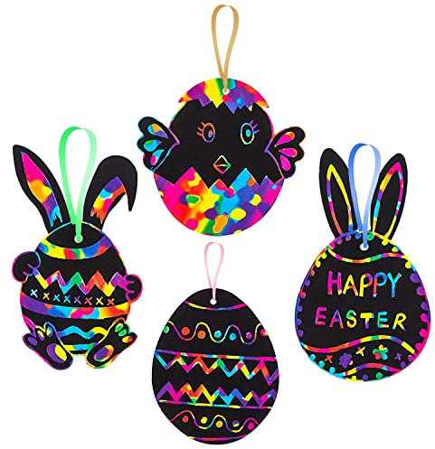 RMMD 48 Stück Oster-Kratzkunst für Kinder, Ostereier, Regenbogen-Kratzkunst, Papier, magischer Osterhasen, Kratzkunst und Handwerk für Kinder, Ostern, Kratzkunst, Party, Aktivitäten, Bastelzubehör