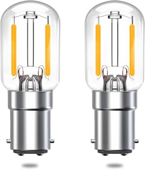 Bonlux Sewing Machine Bulb LED 2W SBC B15 Pygmy Bulb 15W Bayonet Incandescent Bulb Replacement Ba15d 240V Small Bayonet Cap Clear Filament Appliance Lamp, Warm White 2700K (2-Pack)