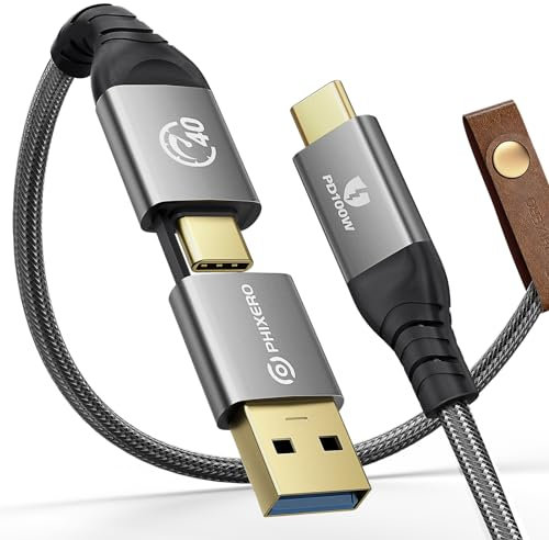 PHIXERO für Thunderbolt 4 Kabel 1M, 40Gbps Datentransfer/ 8 K@60 Hz Videoausgang/ 100W USB-C auf USB-C Ladekabel, 2 in 1 USB-A/C Kompatibel mit USB 4, Thunderbolt 3, MacBook, Docking, eGPU