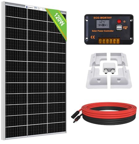 ECO-WORTHY 120W 12V Solar Panel Kit 0.5kWh/Day for Motorhome Caravan RV: 120W Bifacial Solar Panel + 30A 12V/24V Charger Controller + RV Mounting Brackets + Extension Cables