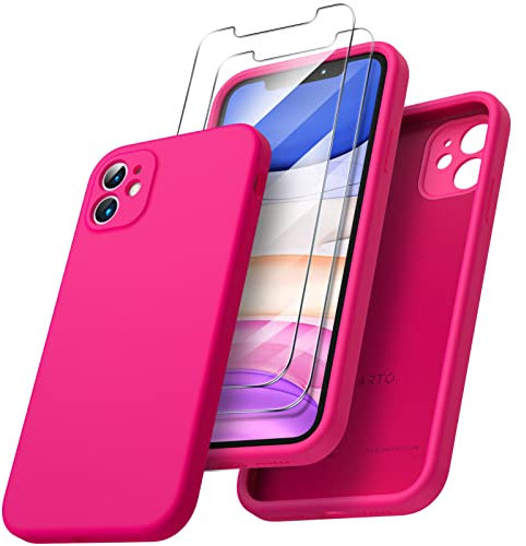 ORNARTO Cover per iPhone 11 Silicone 6.1 Pollici, con 2 Pellicola Vetro Temperato, Morbido Silicone Liquido Protezione, Antiurto Ultra-Sottile Protezione Custodia iPhone 11-Rosa Caldo Cover