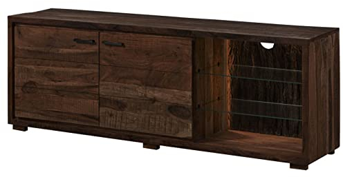 MASSIVMOEBEL24.DE | BARK by WOLFMÖBEL - TV-Board aus Massivholz #212 inkl. LED Beleuchtung | Akazienholz - Dunkelbraun, lackiert | 175 x 40 x 63 cm | 5 Ablagefächer | echte Baumrinde