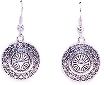ZARZAMORA Pendientes Mándala de Plata Tibetana Acabado Antiguo y Ganchos Chapado en Platino- Aretes Colgantes Vintage Estilo Renovación y Plenitud - Regalo Original
